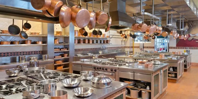 Professional kitchen with hanging pots and pans